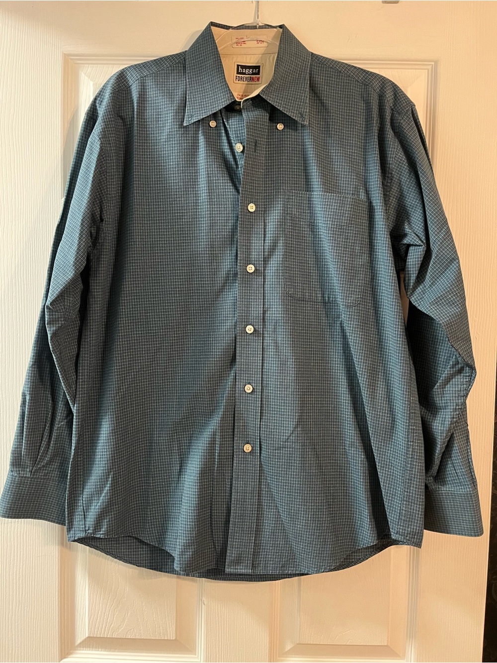 Haggar Teal-Blue Microcheck Long-Sleeve Dress Shirt
